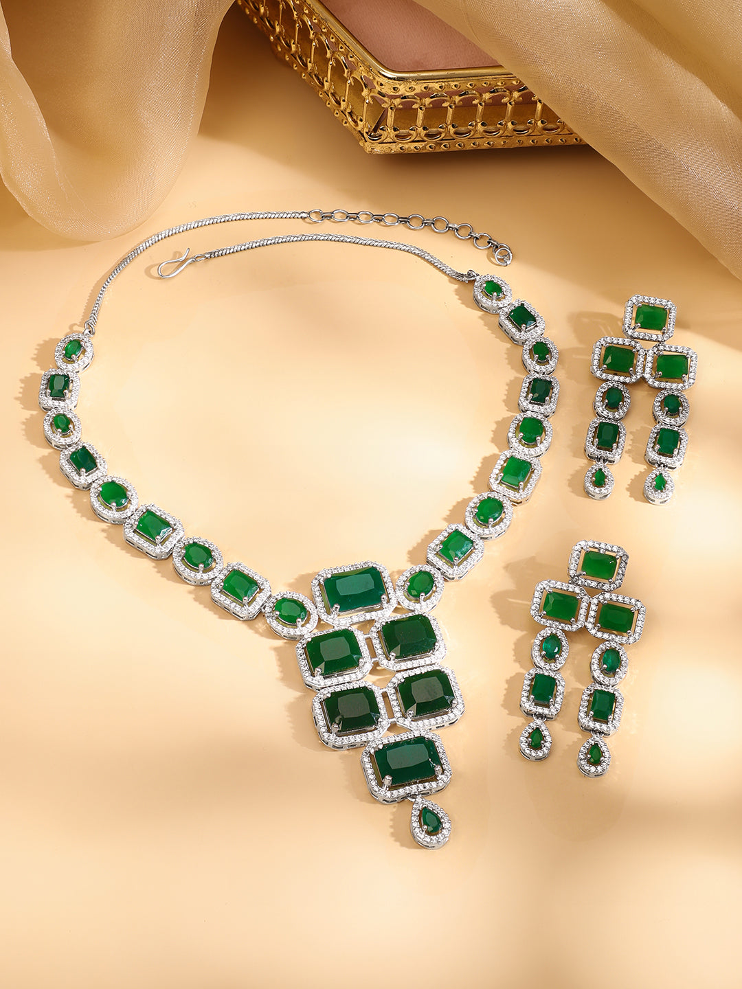 Rhodium Plated Blue Sapphire & CubicZirconia Studded Premium Statement Necklace Set Green