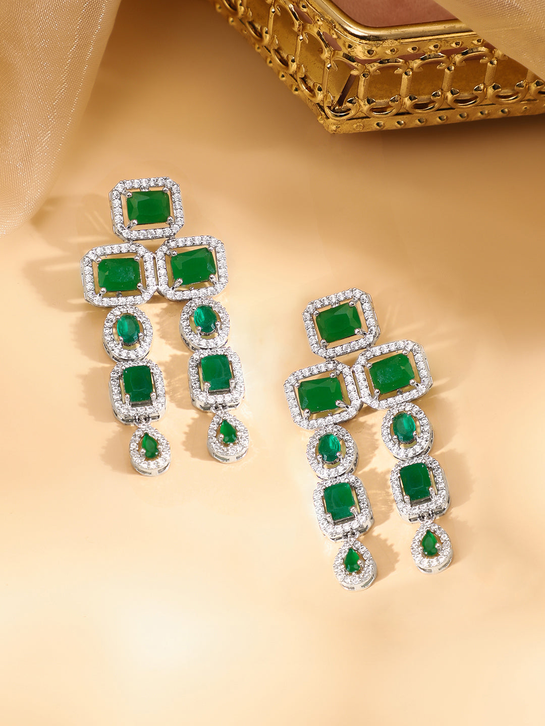 Rhodium Plated Blue Sapphire & CubicZirconia Studded Premium Statement Necklace Set Green