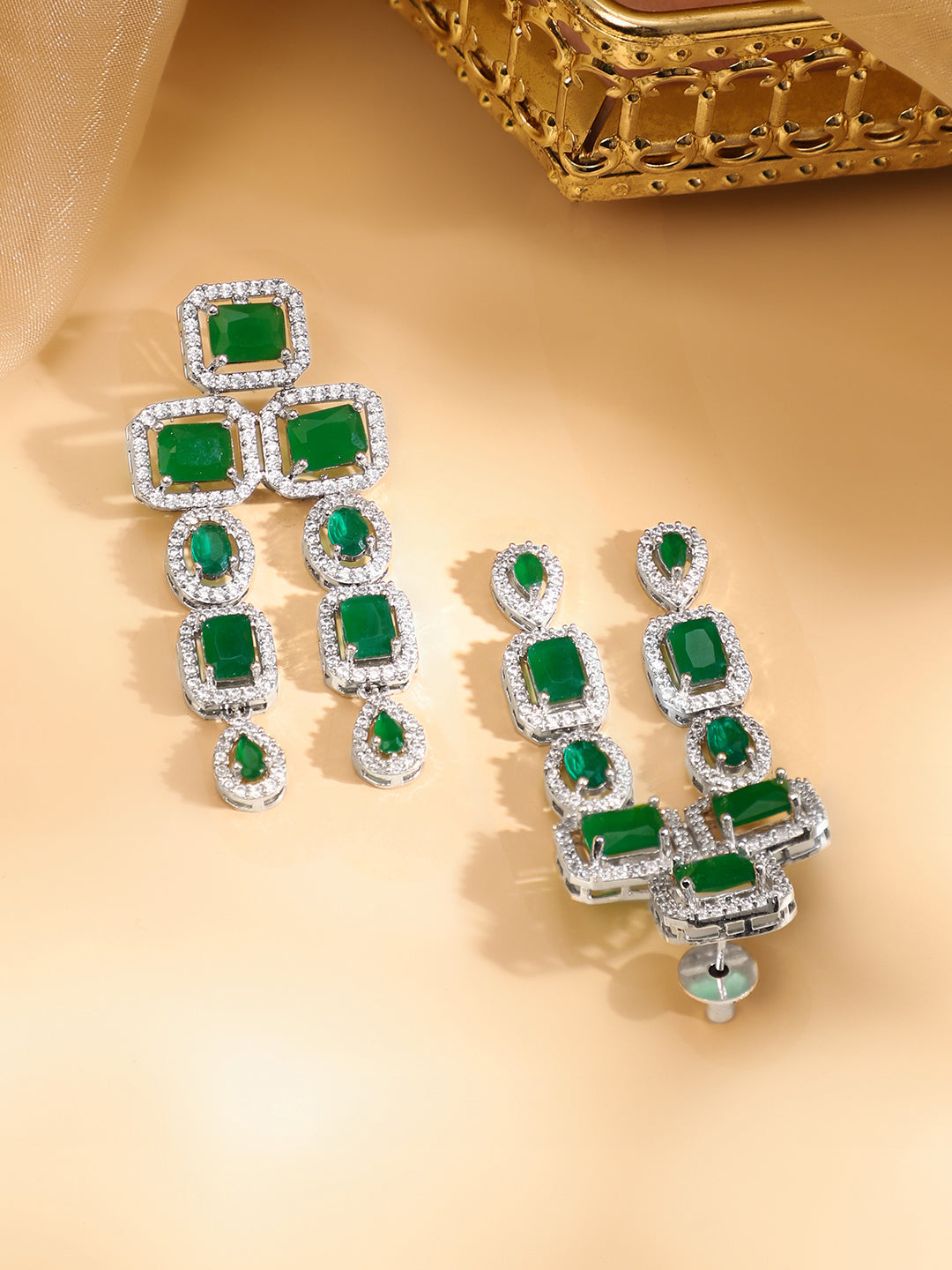 Rhodium Plated Blue Sapphire & CubicZirconia Studded Premium Statement Necklace Set Green