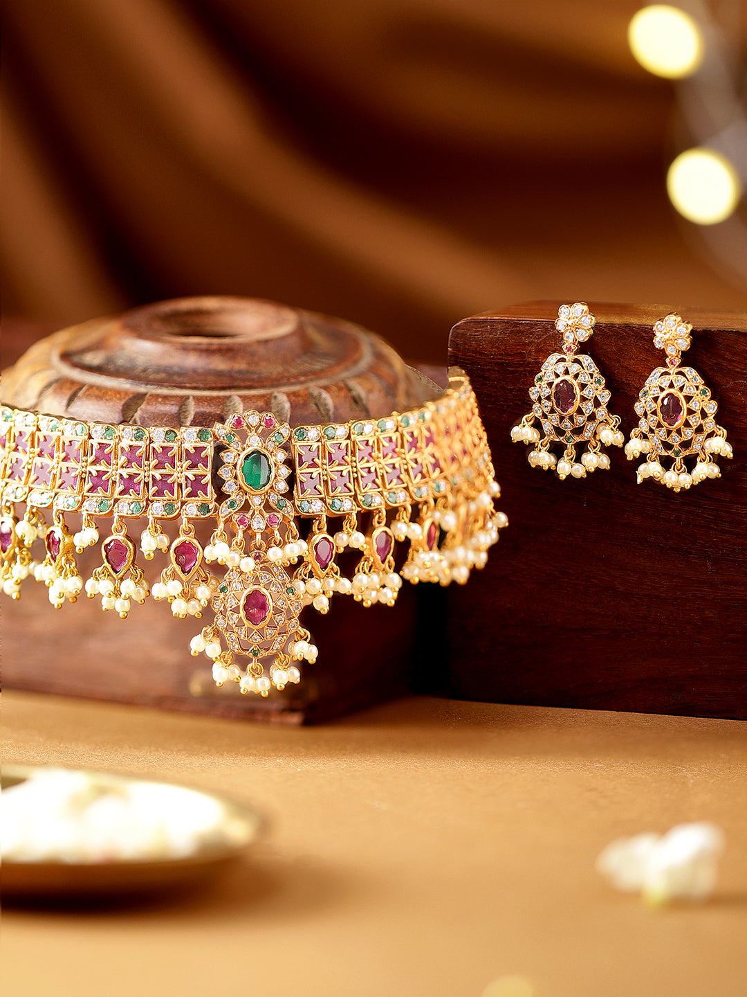 Rubans Luxury 24K Gold Plated Handcrafted Ruby stone & Gold Pearls Studded Choker Set Multicolor