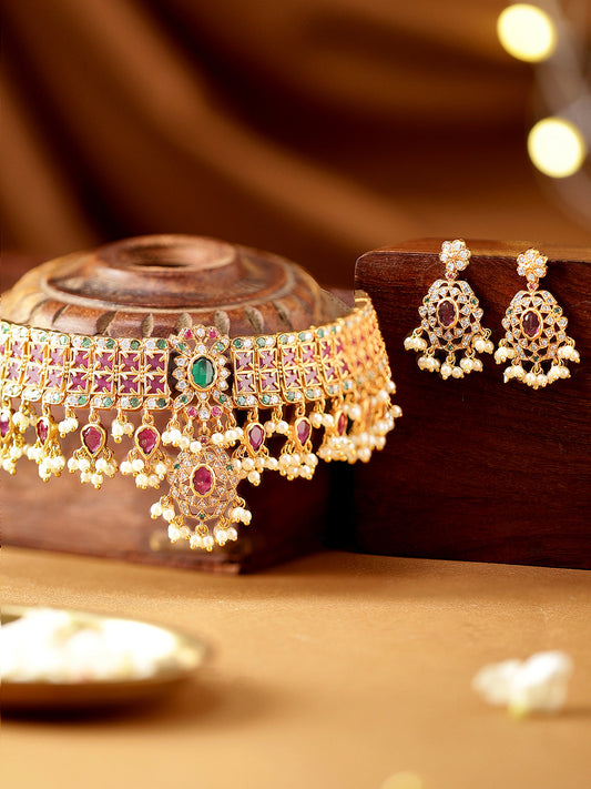 Rubans Luxury 24K Gold Plated Handcrafted Ruby stone & Gold Pearls Studded Choker Set Multicolor