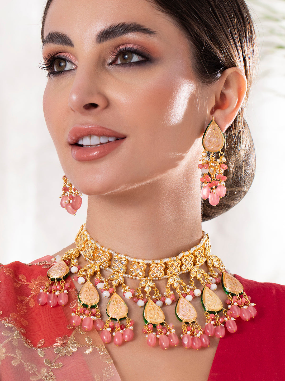 Rubans Luxury 24K Gold Plated Handcrafted Pink Enamel & Pachi Kundan with Pearls Beaded Necklace Set Pink