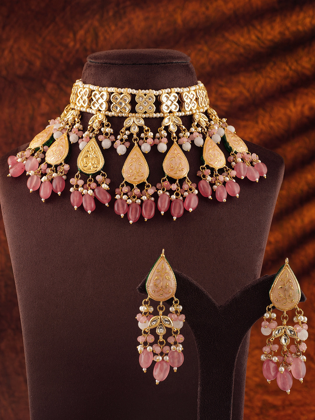 Rubans Luxury 24K Gold Plated Handcrafted Pink Enamel & Pachi Kundan with Pearls Beaded Necklace Set Pink
