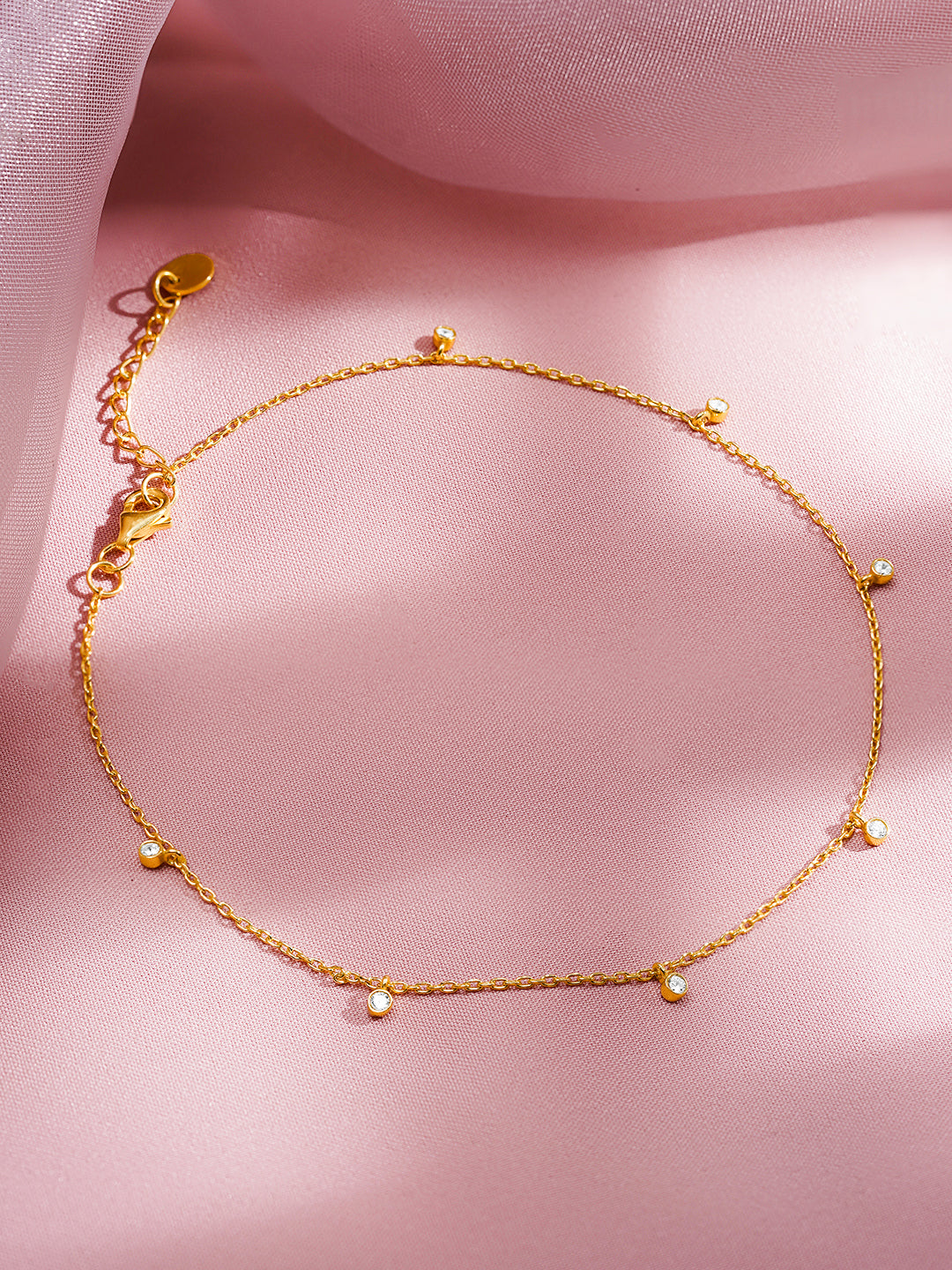 925 Fine  Silver Crystal Charm Minimal Anklet Length-23 cm : Width-0.5 cm