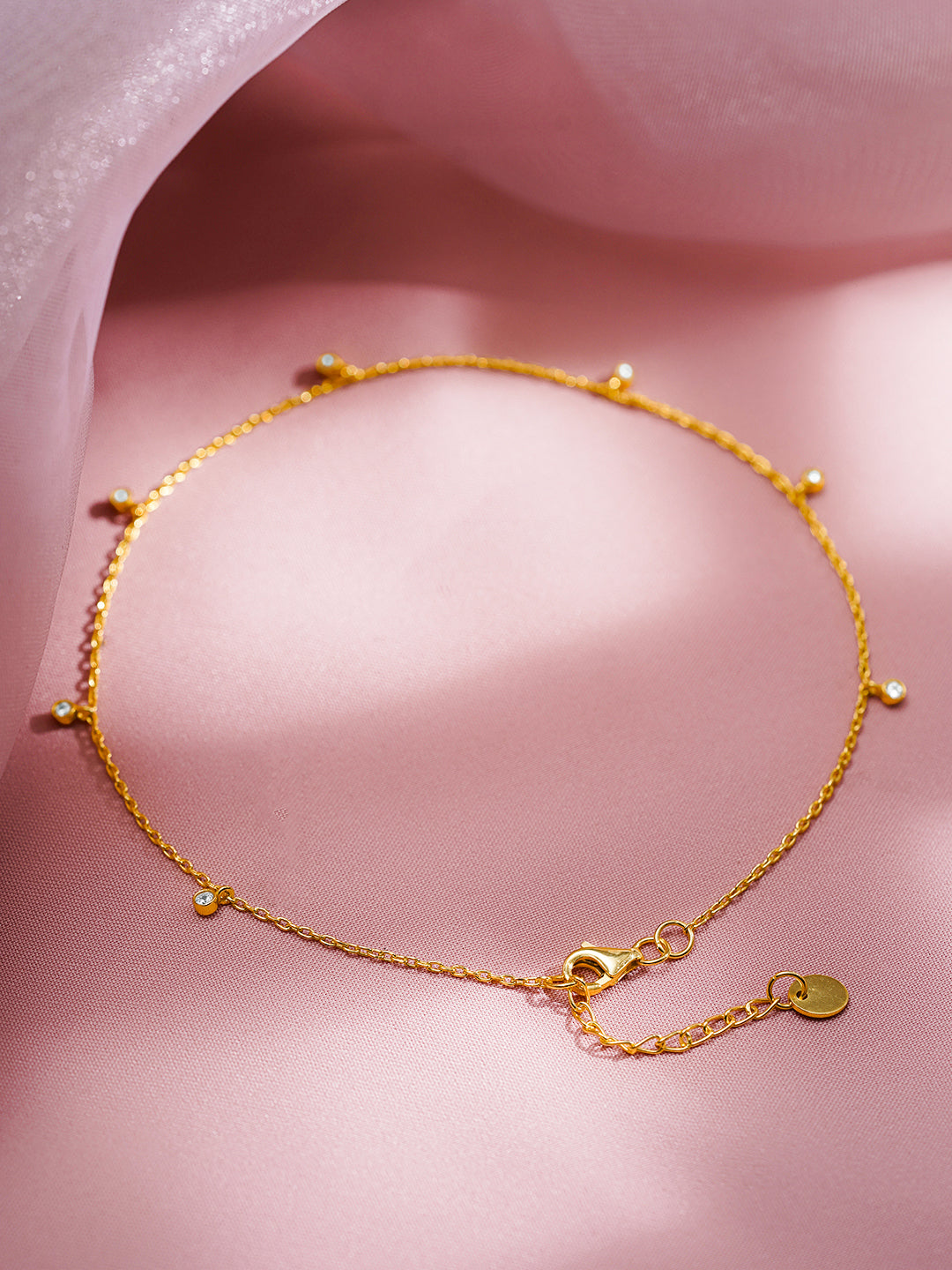 925 Fine  Silver Crystal Charm Minimal Anklet Length-23 cm : Width-0.5 cm
