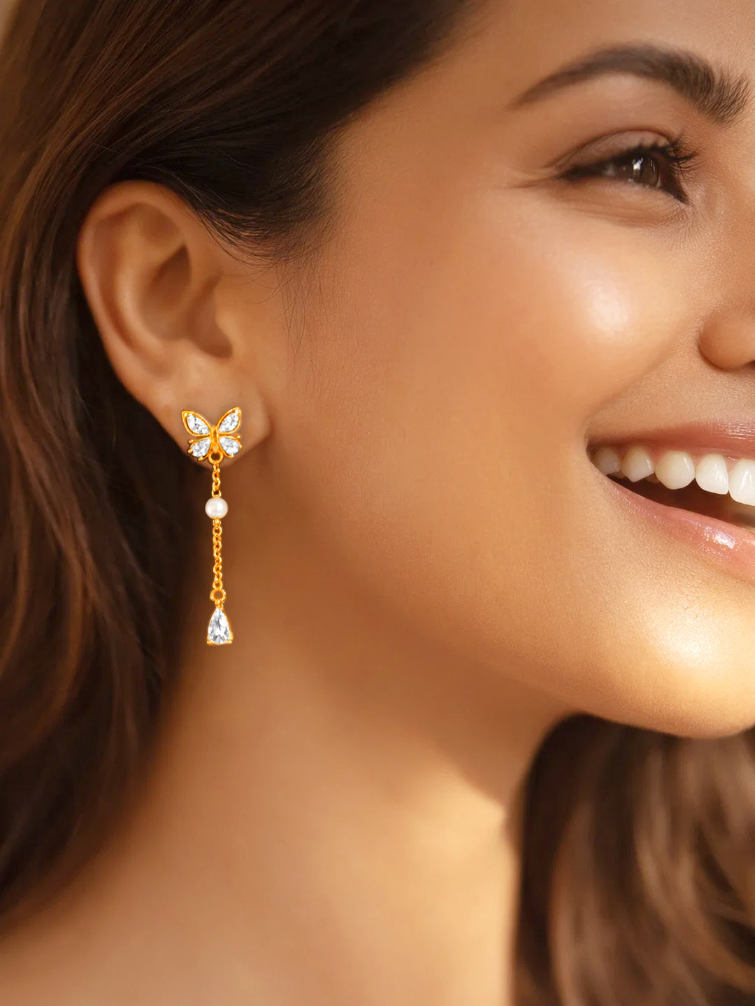 925 Fine Silver Butterfly Pearl Chain Drop Earrings Length-3.5 cm : Width-0.8 cm