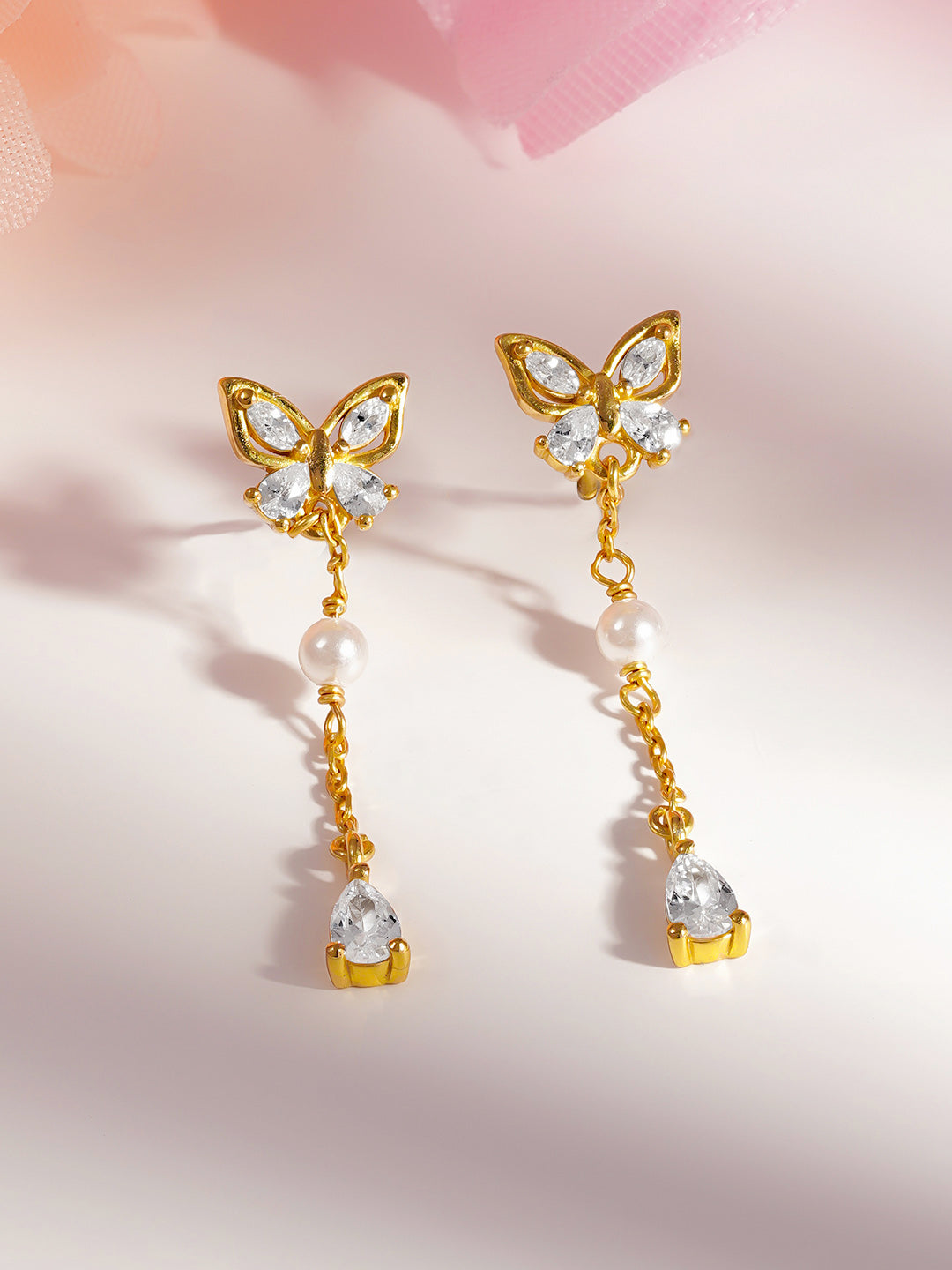 925 Fine Silver Butterfly Pearl Chain Drop Earrings Length-3.5 cm : Width-0.8 cm