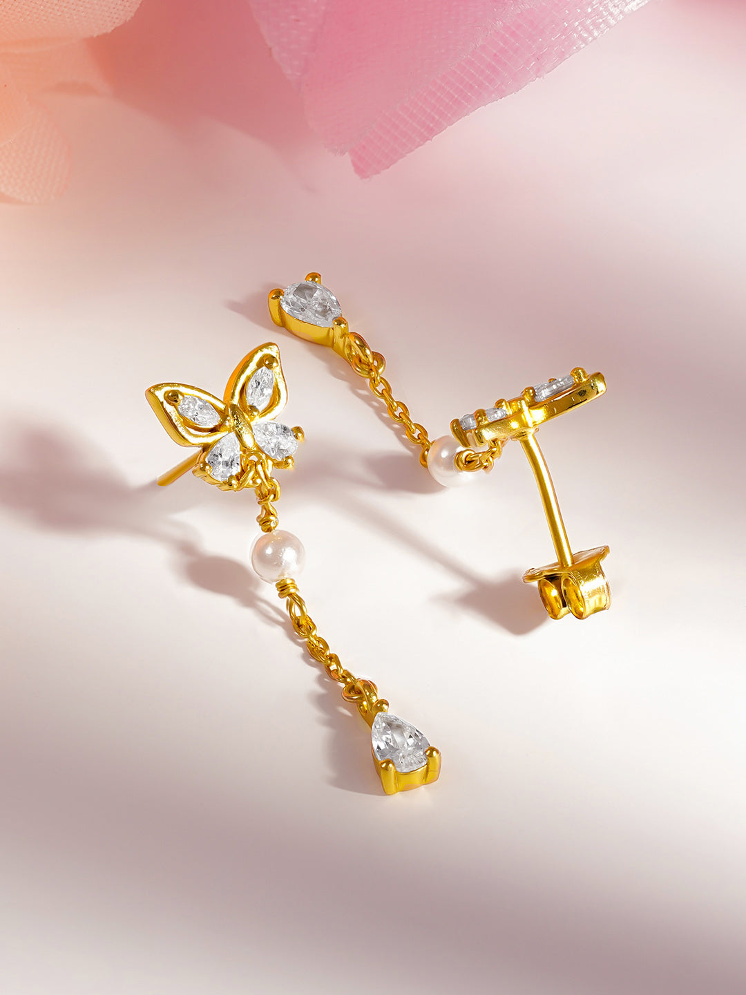 925 Fine Silver Butterfly Pearl Chain Drop Earrings Length-3.5 cm : Width-0.8 cm