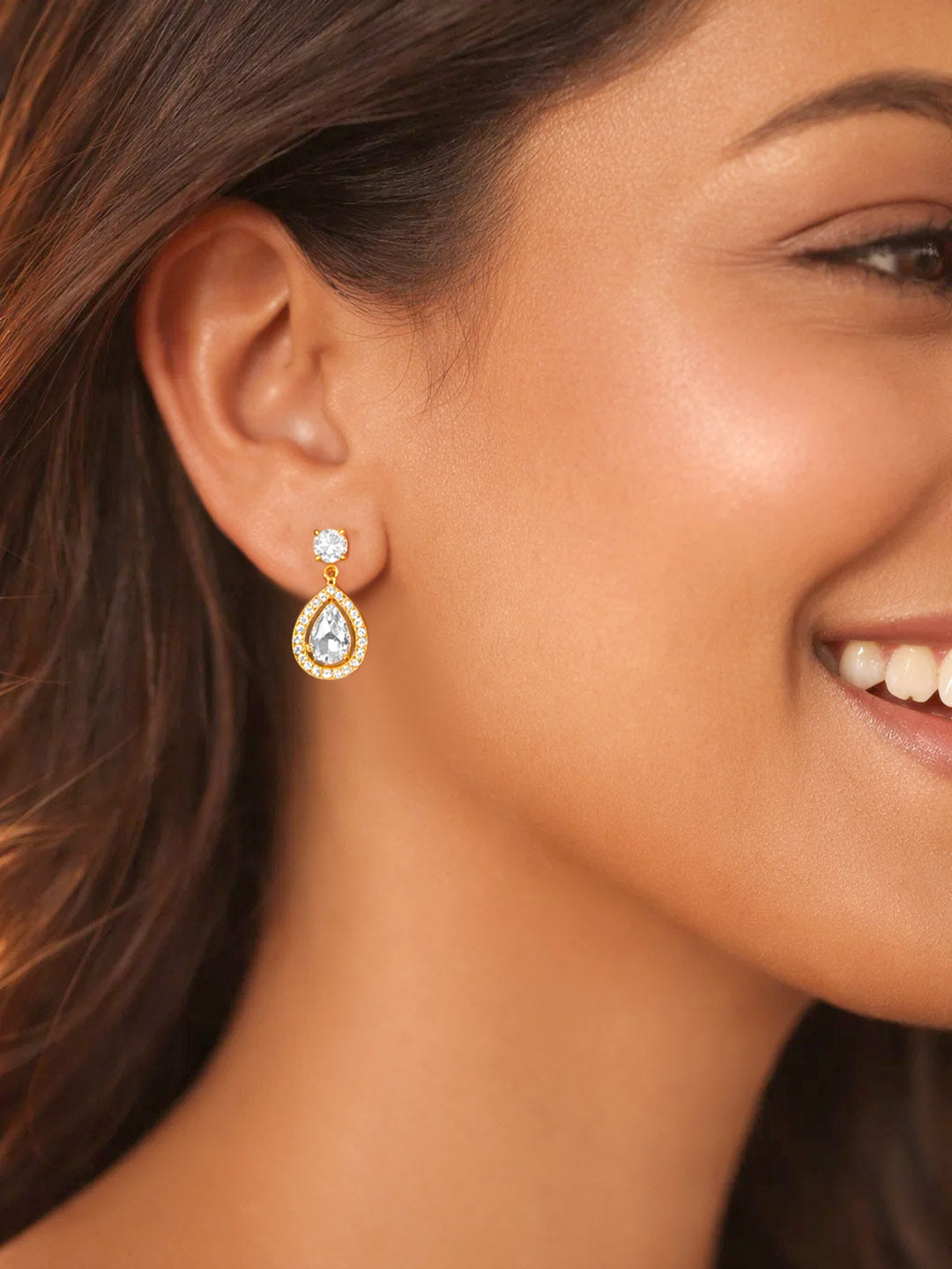 925 Fine Silver Pear Halo Crystal Drop Earrings Length-2 cm : Width-1 cm