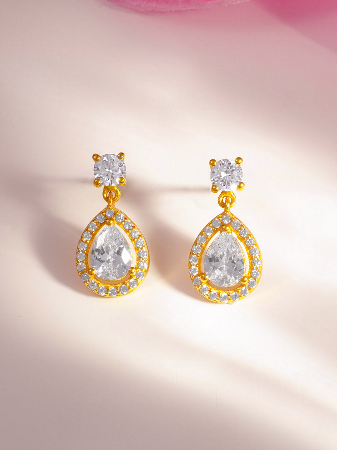 925 Fine Silver Pear Halo Crystal Drop Earrings Length-2 cm : Width-1 cm