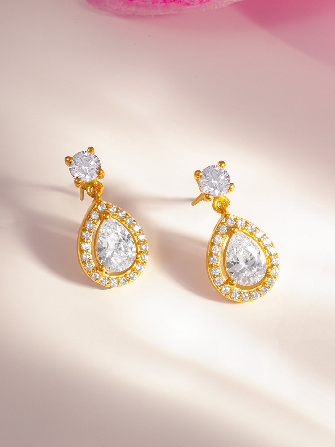 925 Fine Silver Pear Halo Crystal Drop Earrings Length-2 cm : Width-1 cm