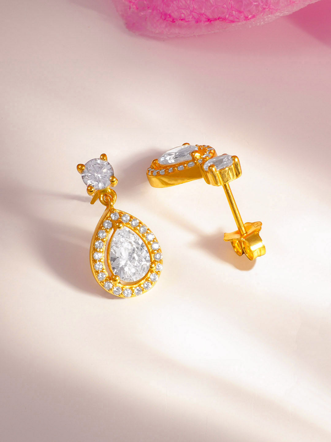 925 Fine Silver Pear Halo Crystal Drop Earrings Length-2 cm : Width-1 cm