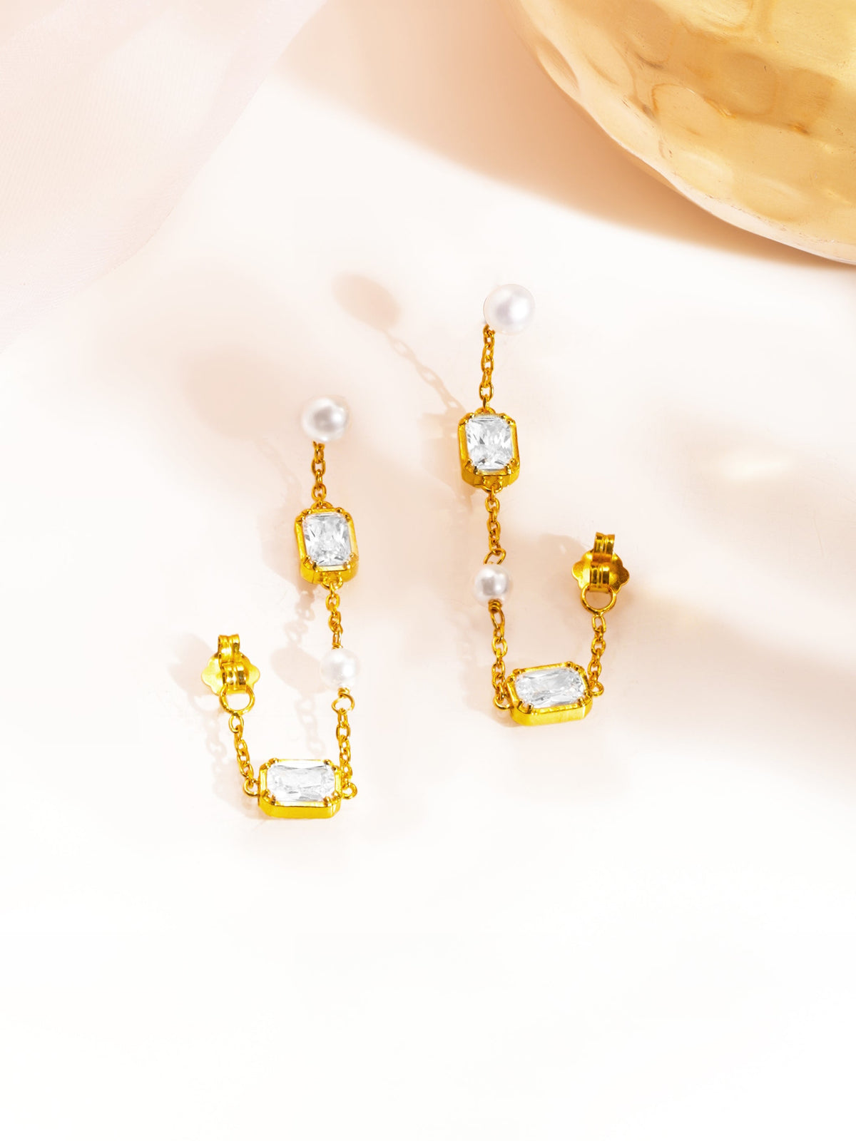 925 Fine Silver Baguette Crystal Pearl Dangler Earrings Length-3.5 cm : Width-0.5 cm
