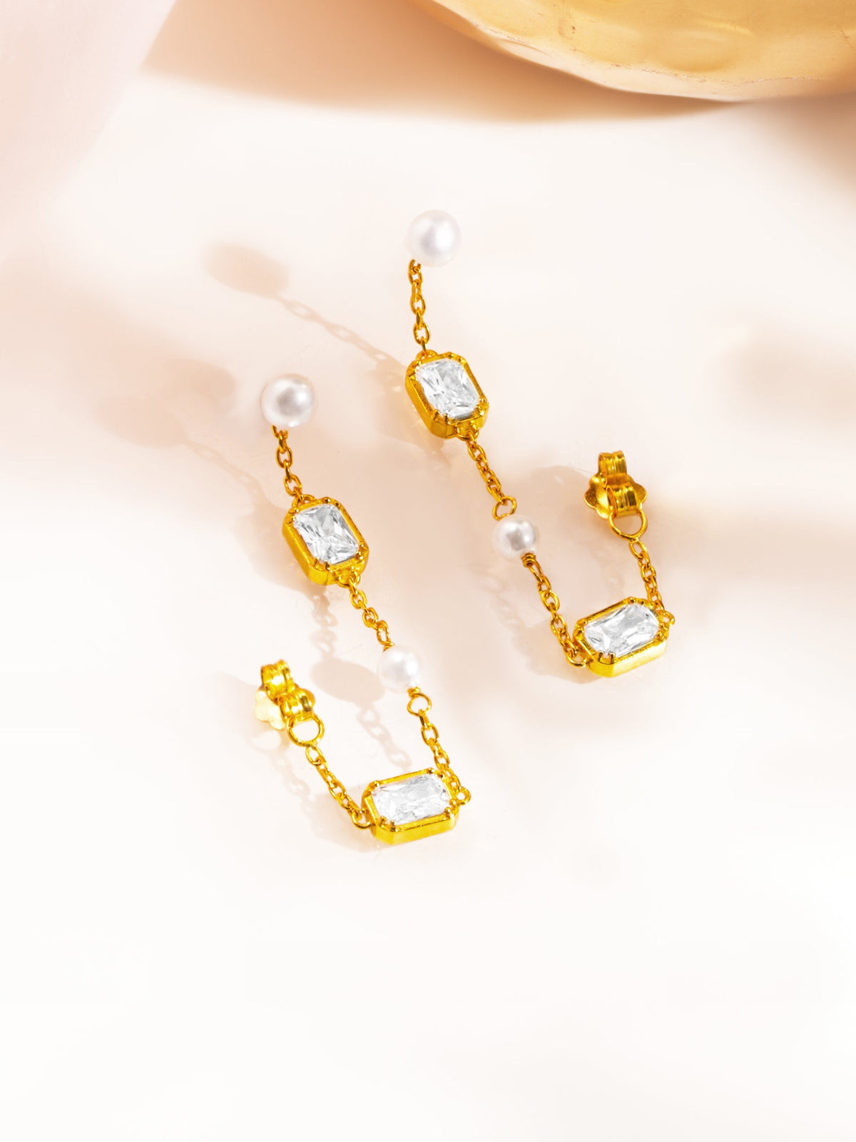 925 Fine Silver Baguette Crystal Pearl Dangler Earrings Length-3.5 cm : Width-0.5 cm