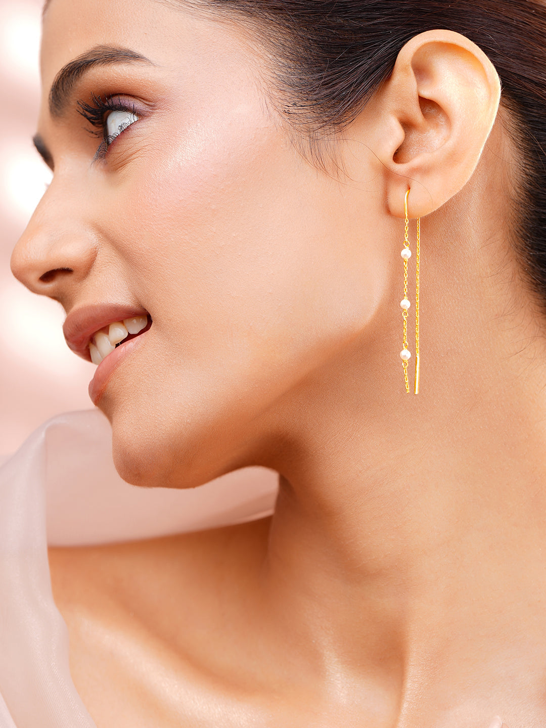 925 Fine Silver Pearl Chain Dangler Earrings Length-6 cm : Width-1 cm
