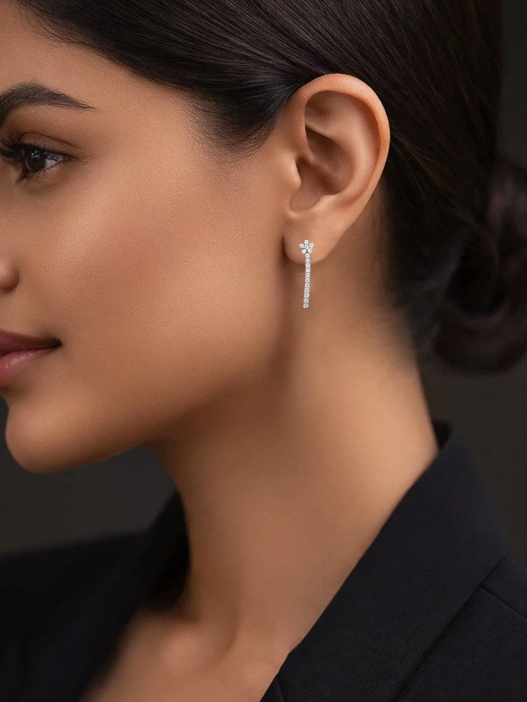 925 Fine Silver Cryatal Floral Cascade Earrings Length-2.8 cm : Width-0.5 cm