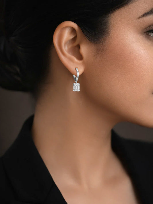 925 Fine Silver Crystal Drop Hoop Earrings Length-2.5 cm : Width-0.7 cm