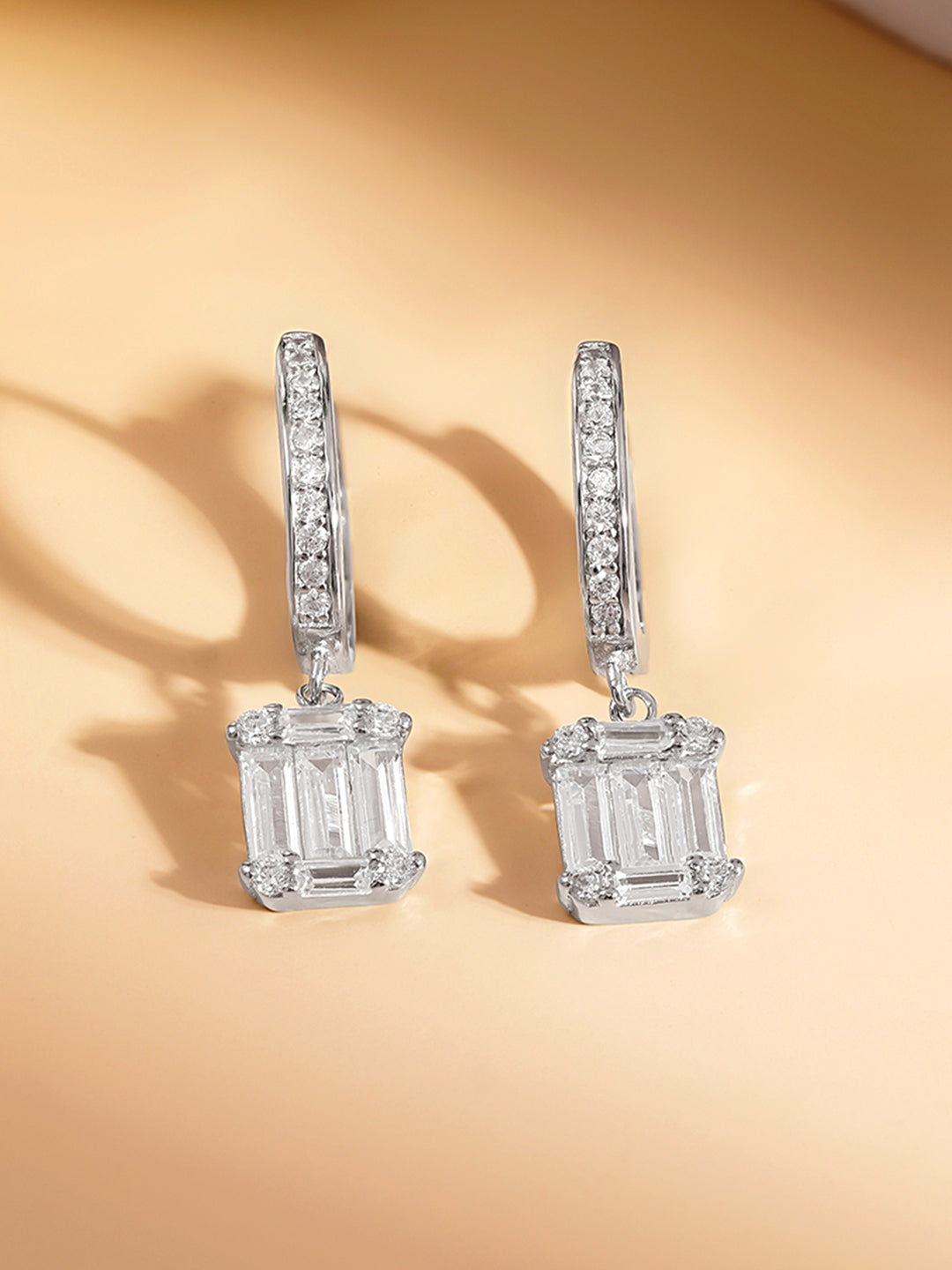 925 Fine Silver Crystal Drop Hoop Earrings Length-2.5 cm : Width-0.7 cm