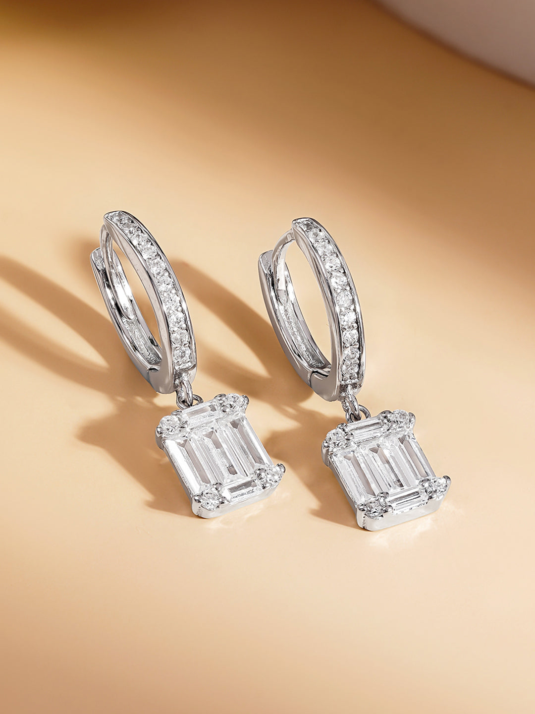 925 Fine Silver Crystal Drop Hoop Earrings Length-2.5 cm : Width-0.7 cm