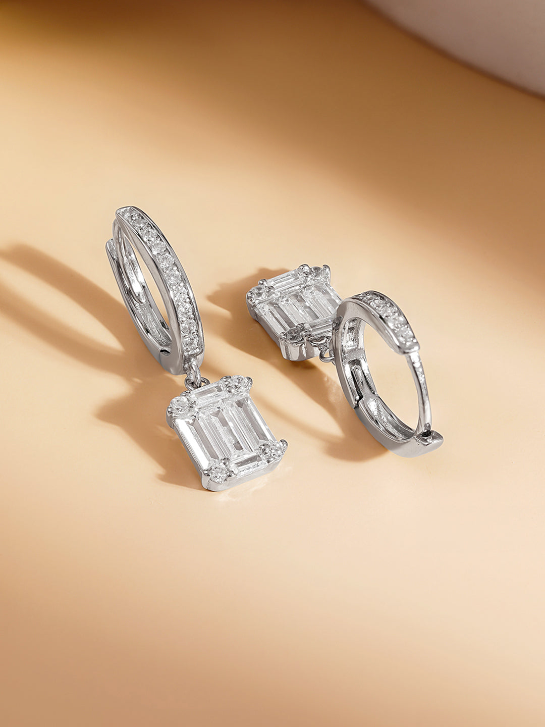 925 Fine Silver Crystal Drop Hoop Earrings Length-2.5 cm : Width-0.7 cm