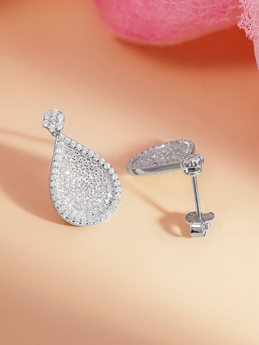 925 Fine Silver Zirconia Teardrop Statement Drop Earrings Length-2 cm : Width-1.5 cm