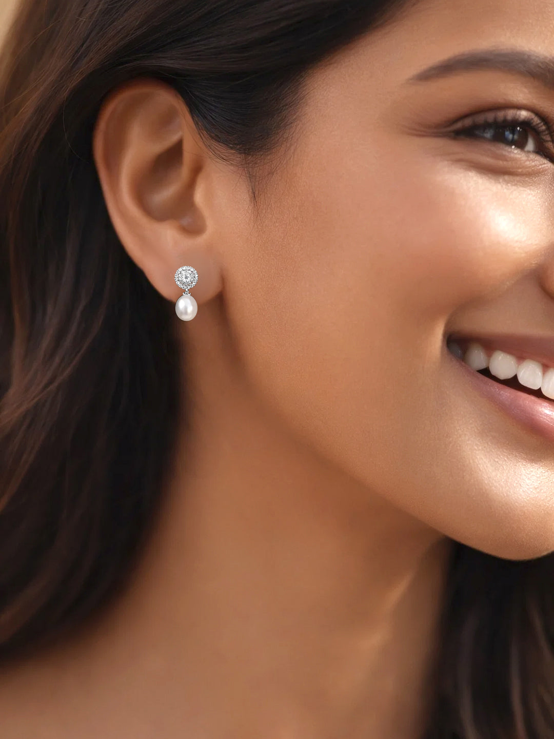 925 Fine Silver American Diamond Pearl Drop Earrings Length-1.7 cm : Width-0.6 cm