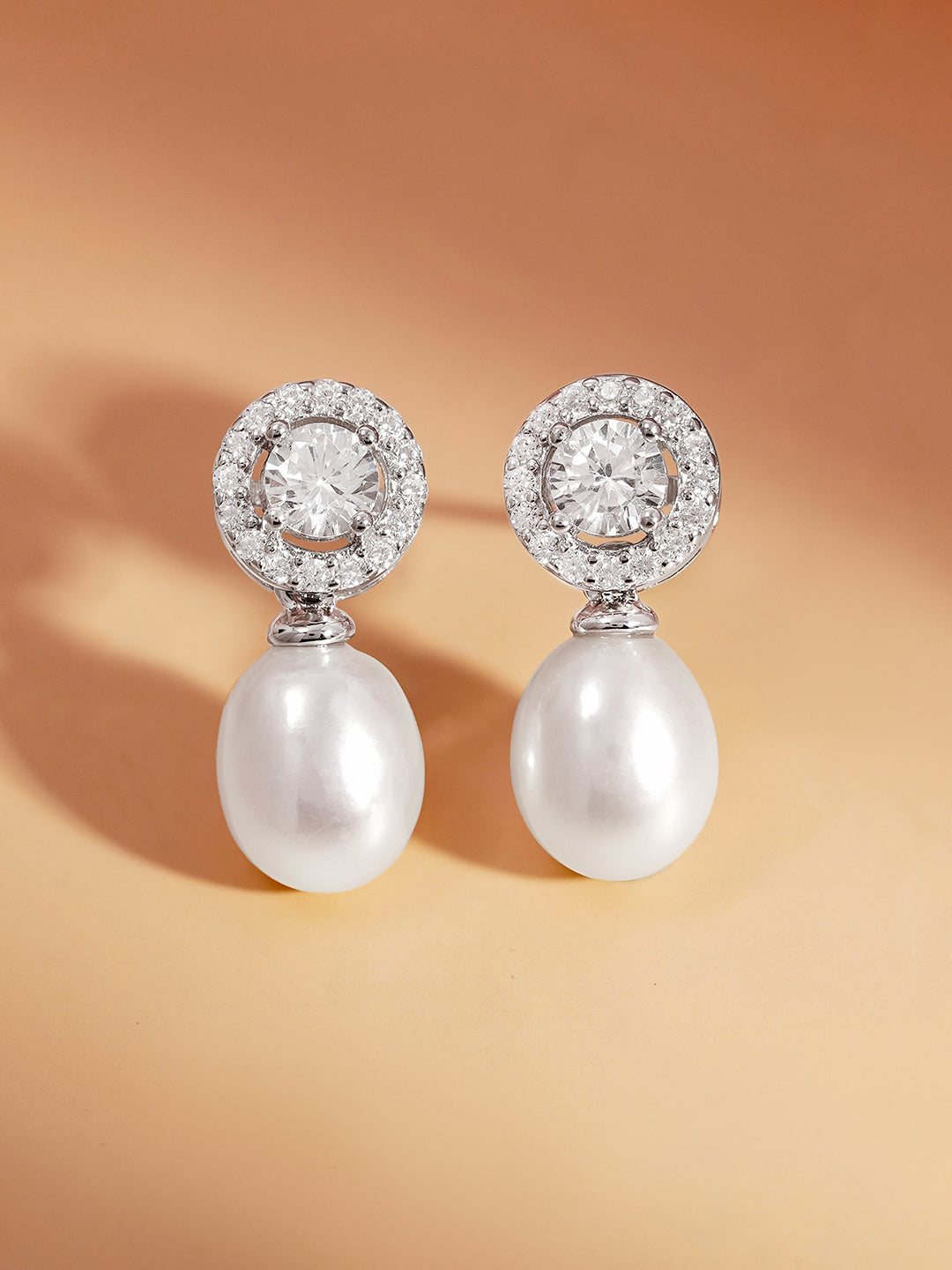 925 Fine Silver American Diamond Pearl Drop Earrings Length-1.7 cm : Width-0.6 cm