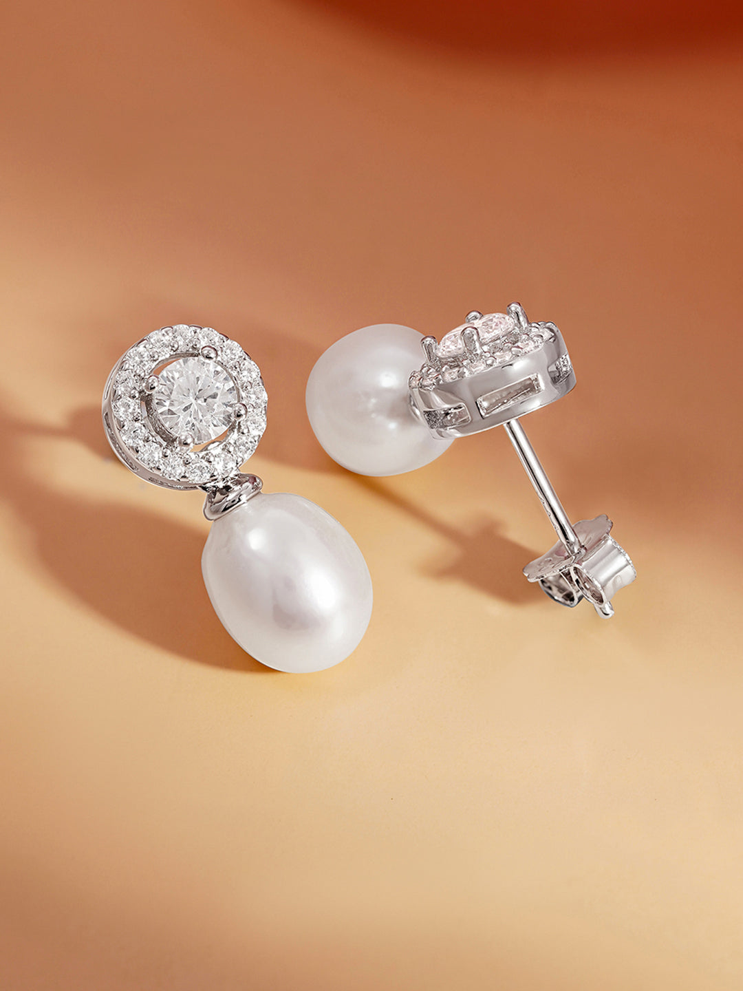 925 Fine Silver American Diamond Pearl Drop Earrings Length-1.7 cm : Width-0.6 cm
