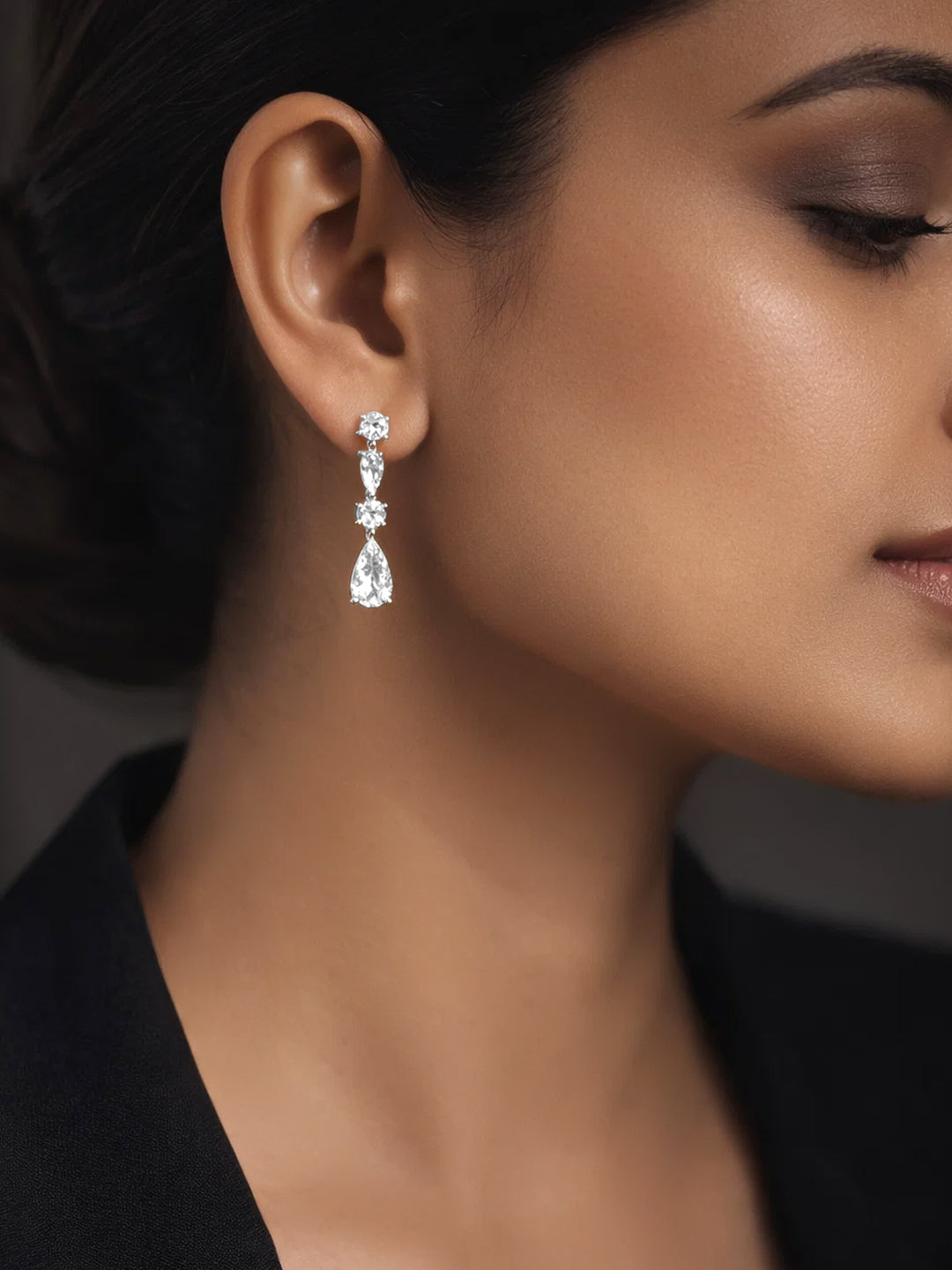 925 Fine Silver Diamond Crystal Drop Earrings Length-2.5 cm : Width-0.5 cm