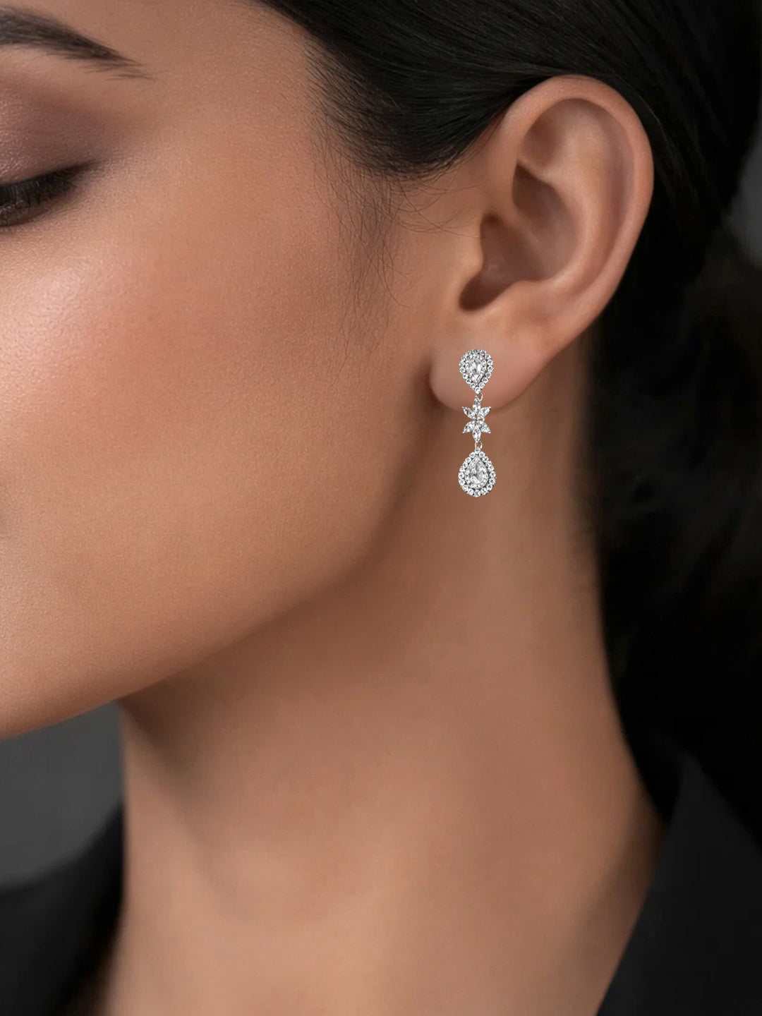 925 Fine Silver Floral Teardrop Drop Earrings Length-3 cm : Width-0.5 cm