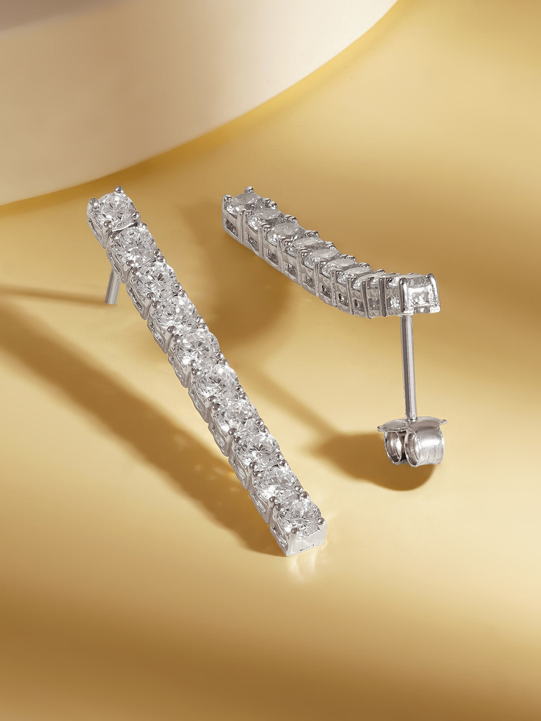 925 Fine Silver Diamond Linear Drop Earrings Length-3.5 cm : Width-0.3 cm