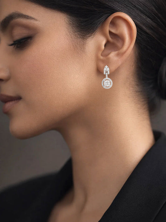 925 Fine Silver Solitaire Zirconia Halo Drop Earrings Length-2 cm : Width-1 cm