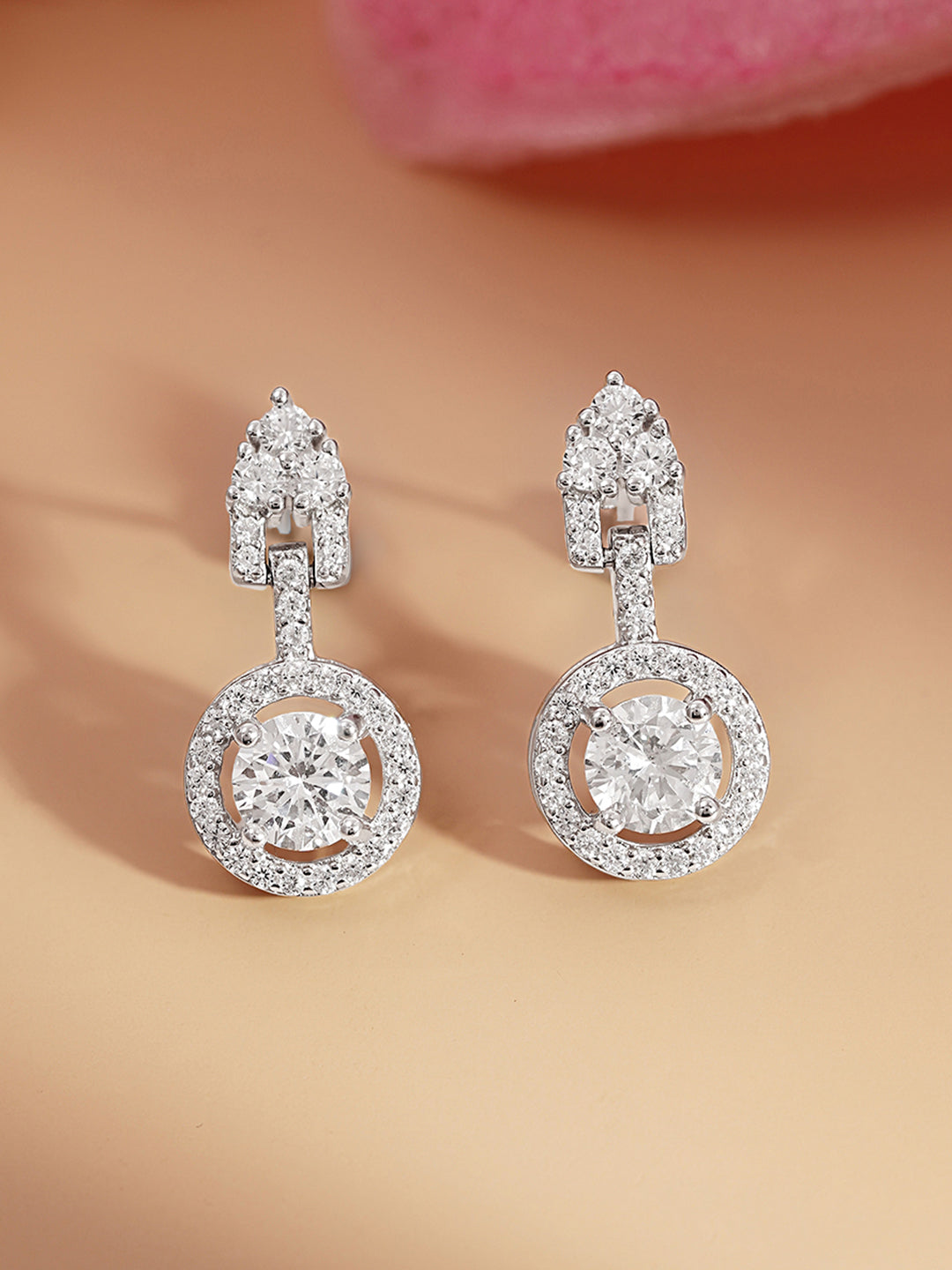 925 Fine Silver Solitaire Zirconia Halo Drop Earrings Length-2 cm : Width-1 cm