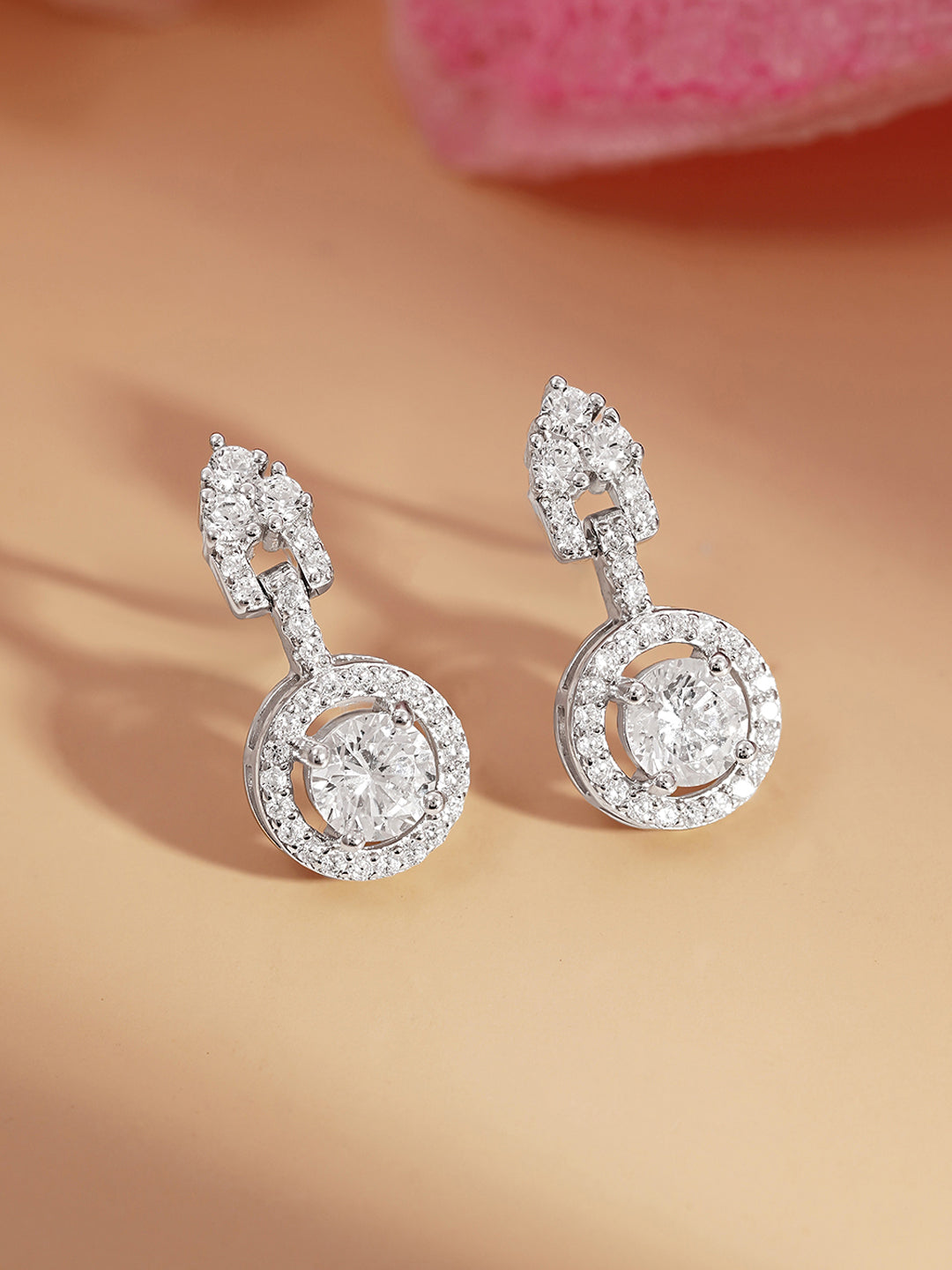 925 Fine Silver Solitaire Zirconia Halo Drop Earrings Length-2 cm : Width-1 cm