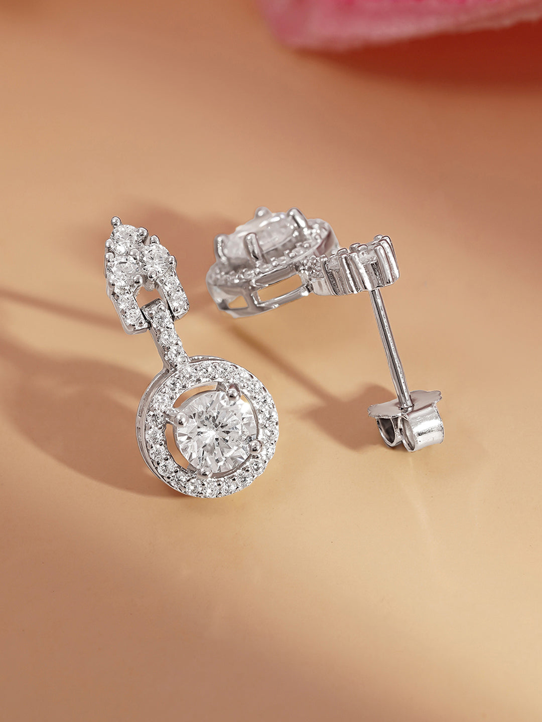 925 Fine Silver Solitaire Zirconia Halo Drop Earrings Length-2 cm : Width-1 cm