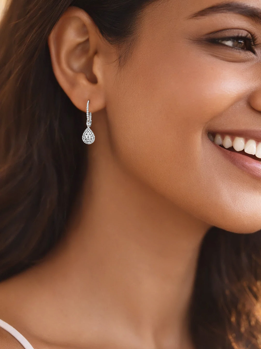 925 Fine Silver Zirconia Teardrop Hoop Earrings Length-2.5 cm : Width-0.8 cm