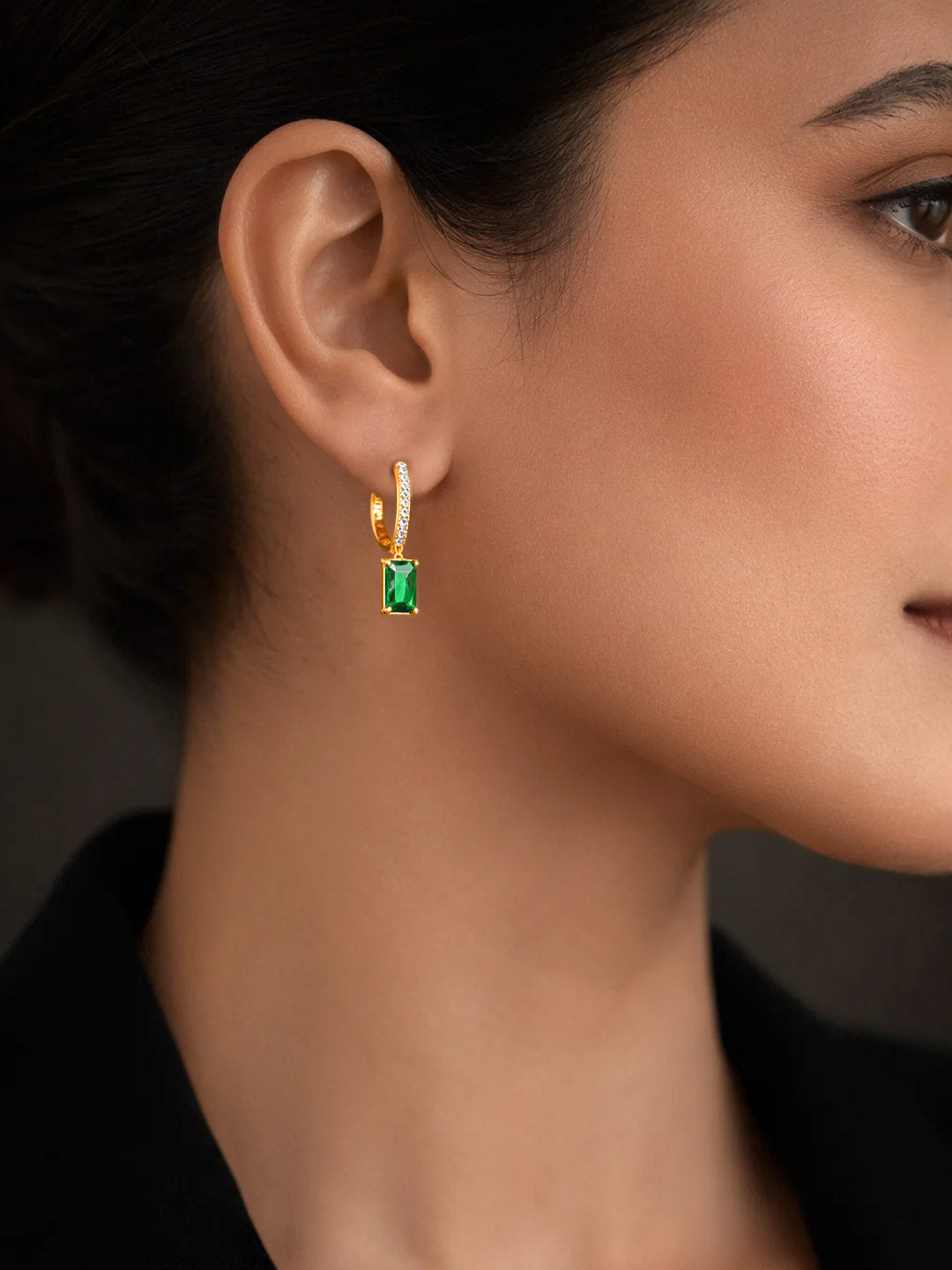 925 Fine Silver Emerald Crystal Hoop Drop Earrings Length-2 cm : Width-0.5 cm