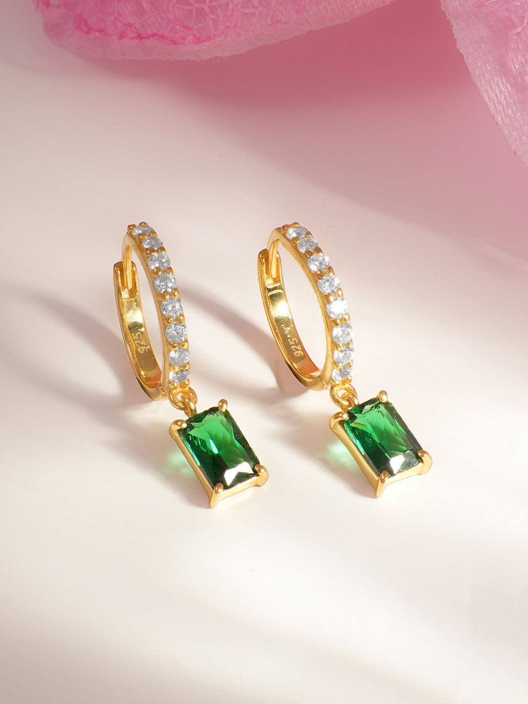 925 Fine Silver Emerald Crystal Hoop Drop Earrings Length-2 cm : Width-0.5 cm
