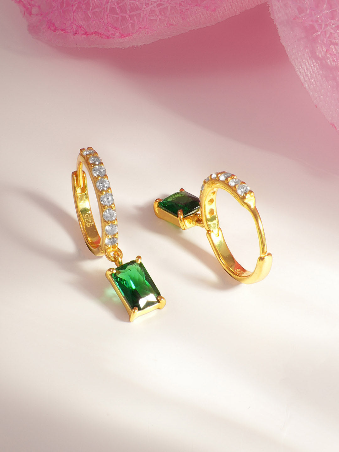925 Fine Silver Emerald Crystal Hoop Drop Earrings Length-2 cm : Width-0.5 cm