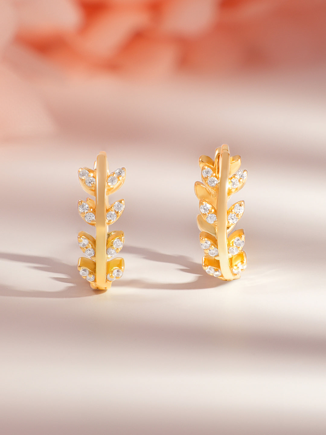 925 Fine Silver Crystal Leaf Minimal Hoop Earrings Length-1.3 cm : Width-0.4 cm