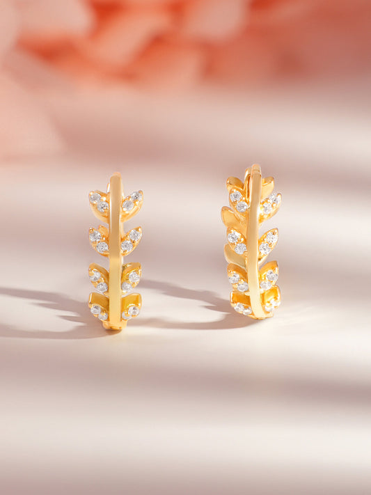 925 Fine Silver Crystal Leaf Minimal Hoop Earrings Length-1.3 cm : Width-0.4 cm