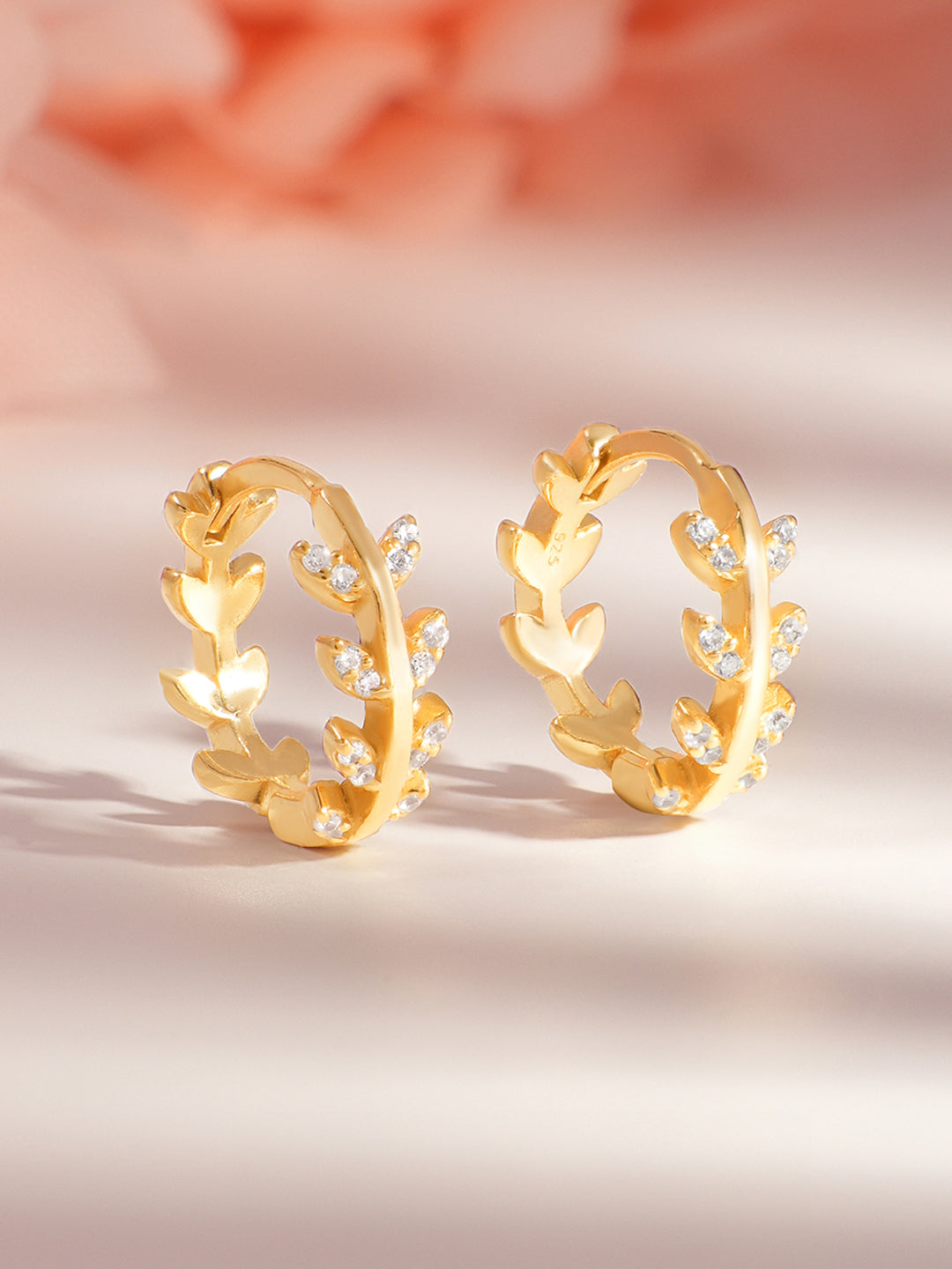 925 Fine Silver Crystal Leaf Minimal Hoop Earrings Length-1.3 cm : Width-0.4 cm