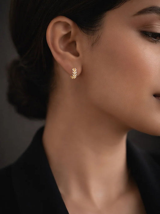 925 Fine Silver Crystal Leaf Minimal Hoop Earrings Length-1.3 cm : Width-0.4 cm