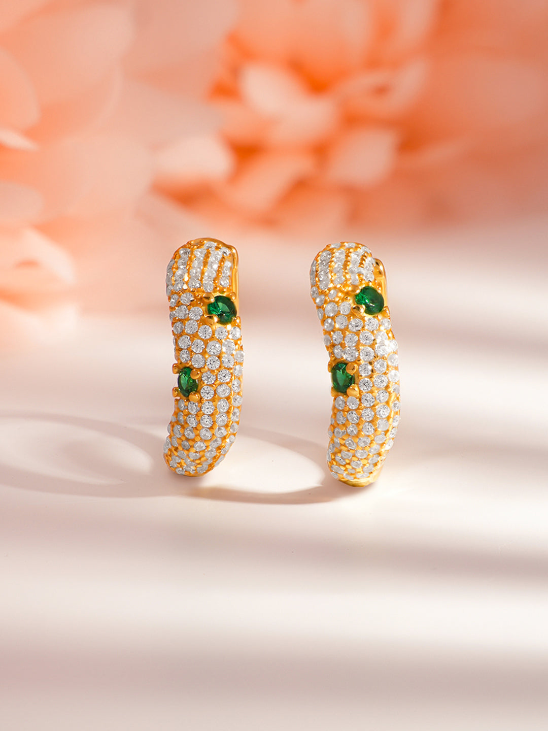 925 Fine Silver Crystal Emerald Accents Minimal Hoop Length-2 cm : Width-0.5 cm