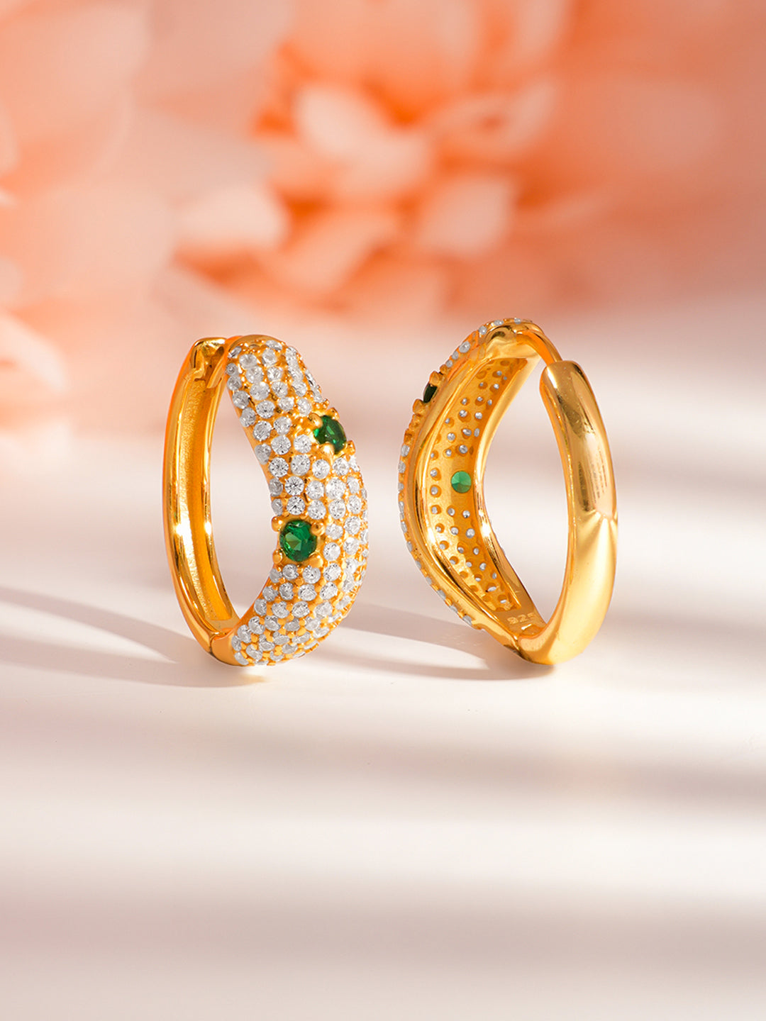 925 Fine Silver Crystal Emerald Accents Minimal Hoop Length-2 cm : Width-0.5 cm