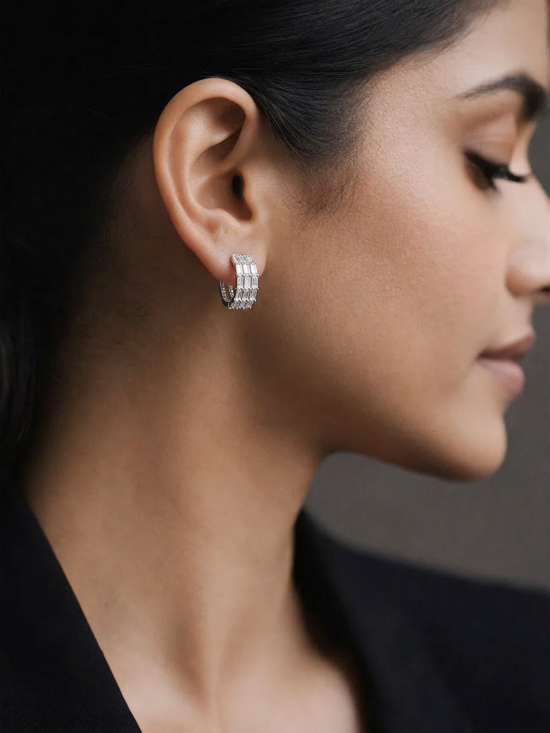 925 Fine Silver Triple Crystal Hoop Earrings Length-1.5 cm : Width-0.6 cm