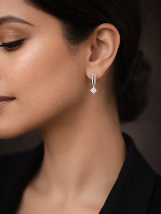 925 Fine Silver Crystal Clover Hoop Drop Earrings Length-2.5 cm : Width-1 cm