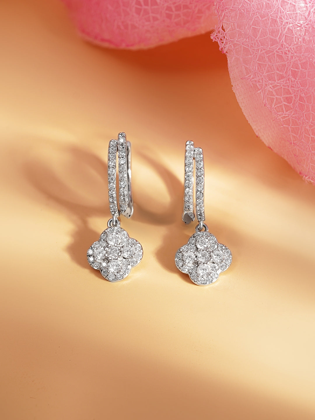 925 Fine Silver Crystal Clover Hoop Drop Earrings Length-2.5 cm : Width-1 cm