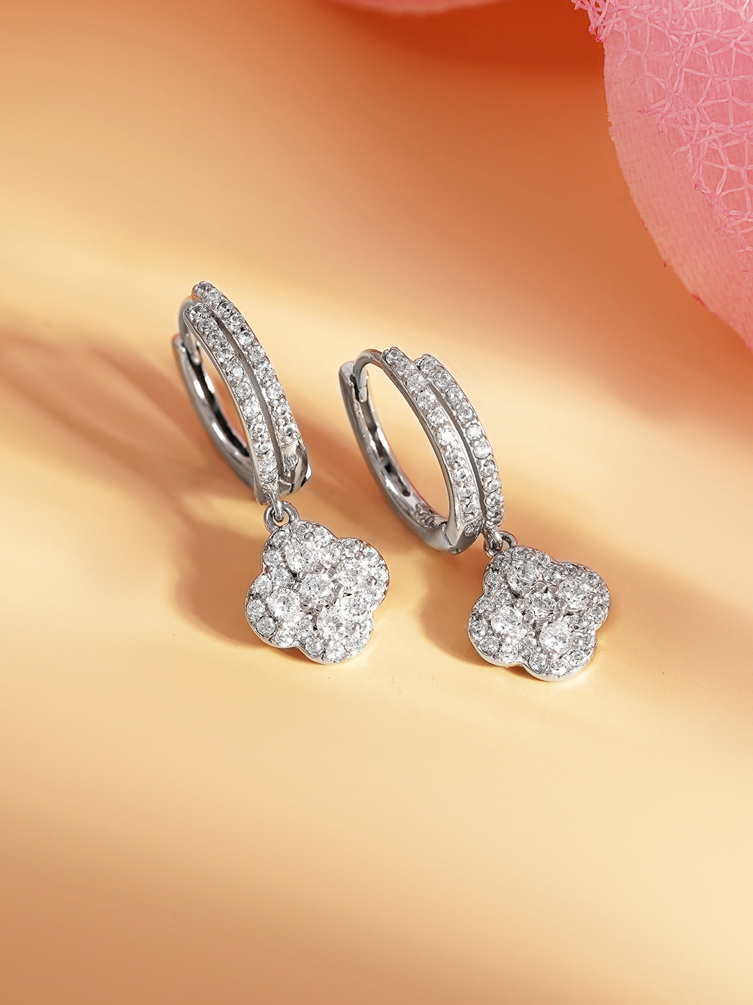 925 Fine Silver Crystal Clover Hoop Drop Earrings Length-2.5 cm : Width-1 cm
