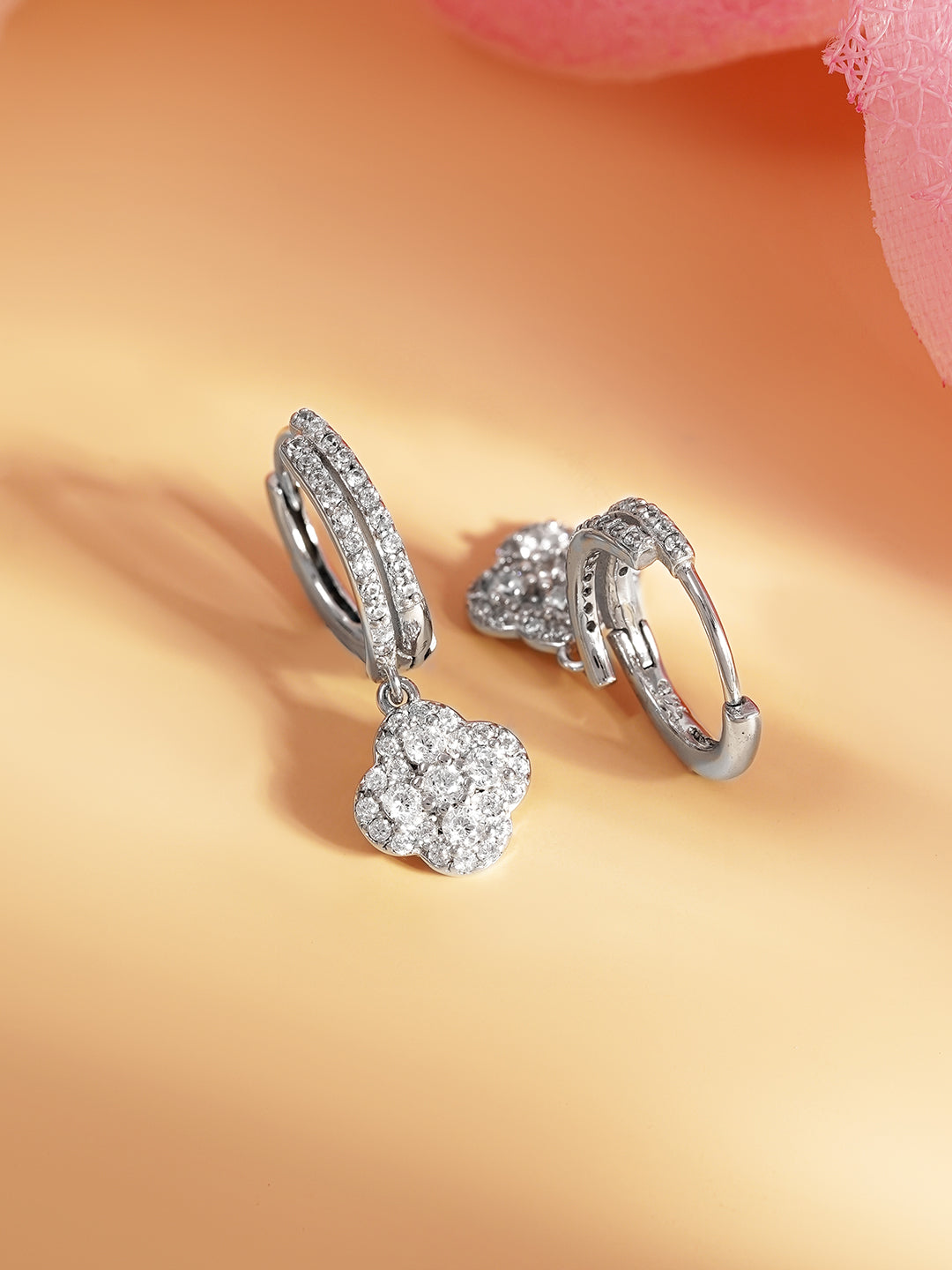 925 Fine Silver Crystal Clover Hoop Drop Earrings Length-2.5 cm : Width-1 cm